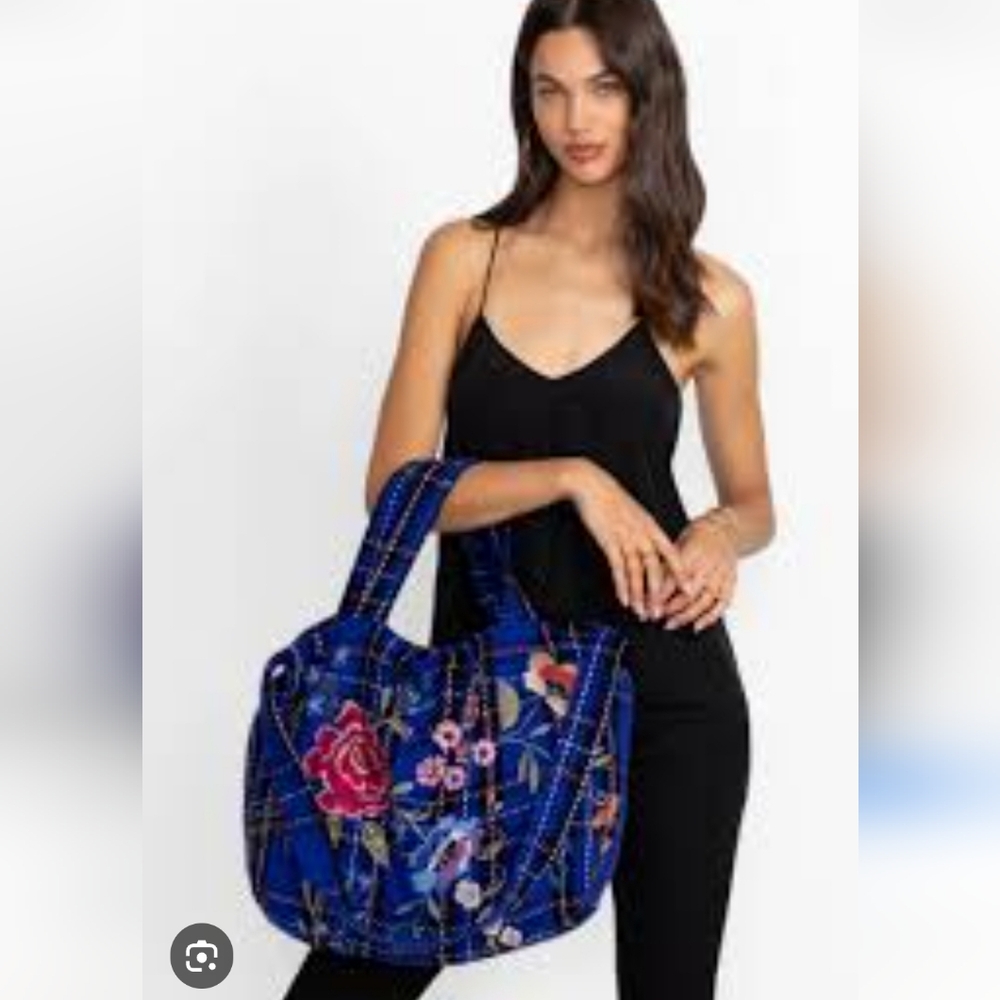 JOHNNY WAS Mila Oversized Floral Embroidered Hobo Plaid Blue Navy Red Tote NWT - Picture 4 of 12